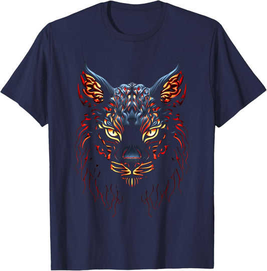 Lynx Portrait Flame Animal Art Graphic Motif Lynx T-Shirt - T-Shirt | Navy