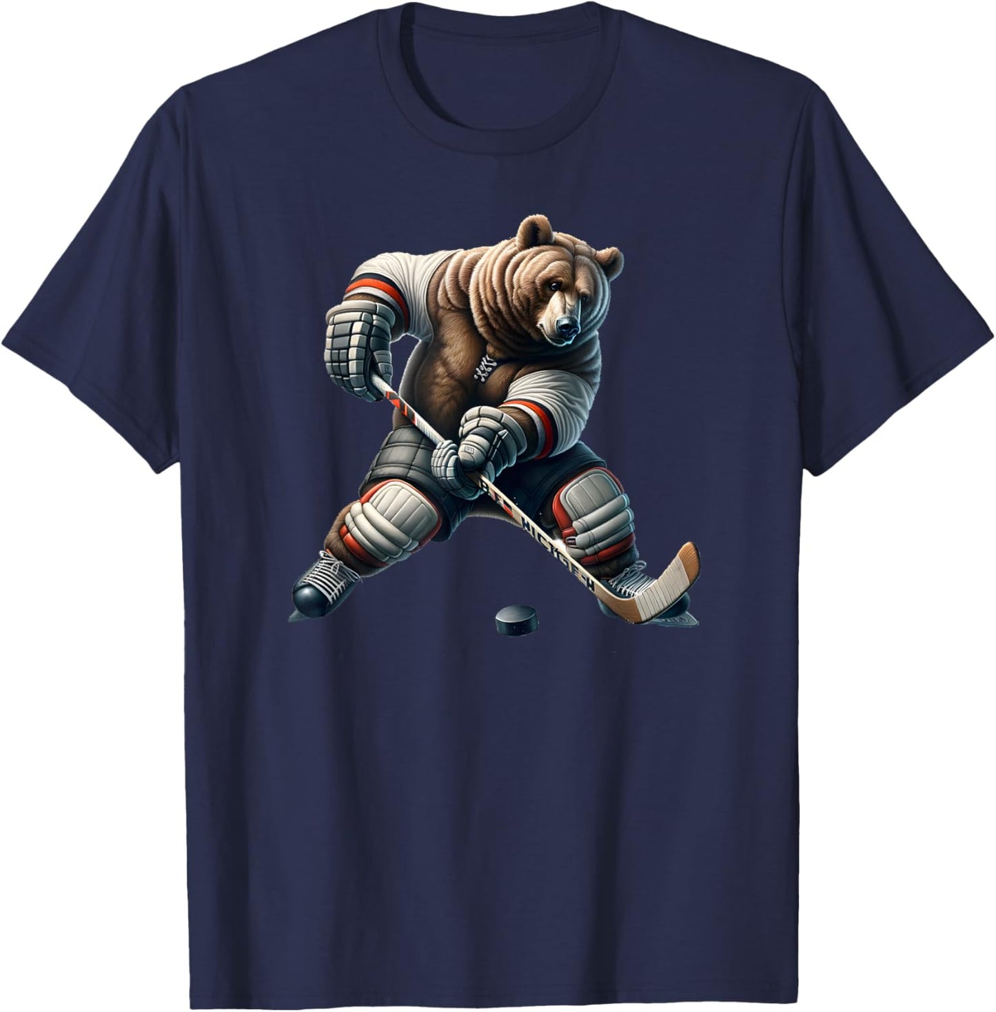 Cute Bear Playing Hockey For Bear And Hockey Lover T-Shirt - T-Shirt | Navy