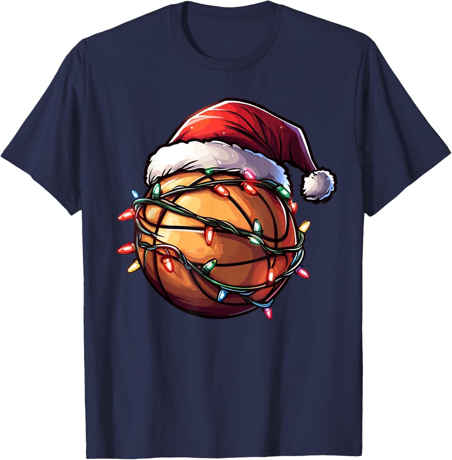 Basketball Christmas Lights Santa Hat Basketball Player Xmas T-Shirt - T-Shirt | Navy