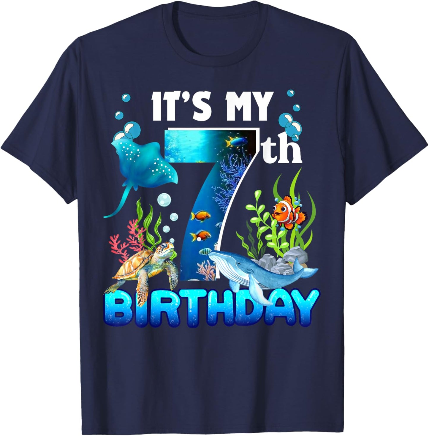 It's My 7th Birthday Party Ocean 7 Years Old Sea Fish B-Day T-Shirt - T-Shirt | Navy