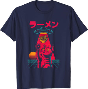 Cat Ramen Alien Abduction Vintage Japanese Retro UFO Graphic T-Shirt - T-Shirt | Navy