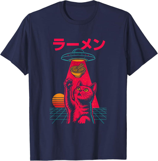 Cat Ramen Alien Abduction Vintage Japanese Retro UFO Graphic T-Shirt - T-Shirt | Navy