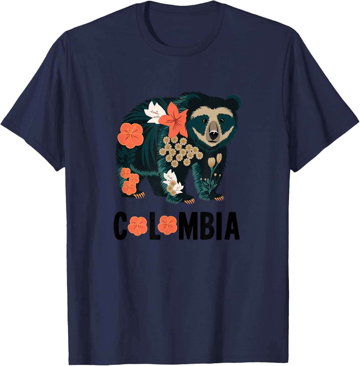 Spectacled Bear Colombia Floral Design - Colombian Nature T-Shirt - T-Shirt | Navy