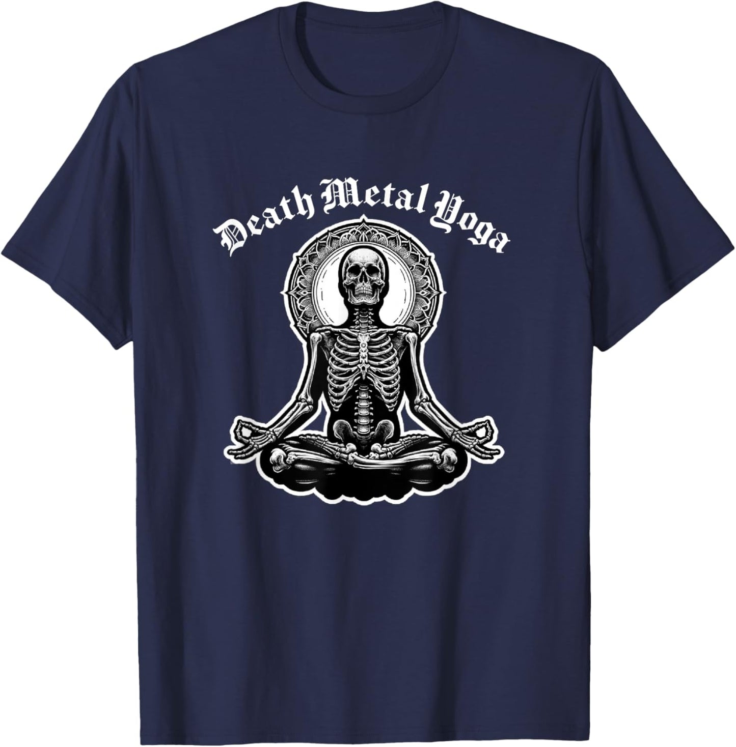 Death Metal Yoga Gothic Skeletal Pose Ironic Wellness T-Shirt - T-Shirt | Navy