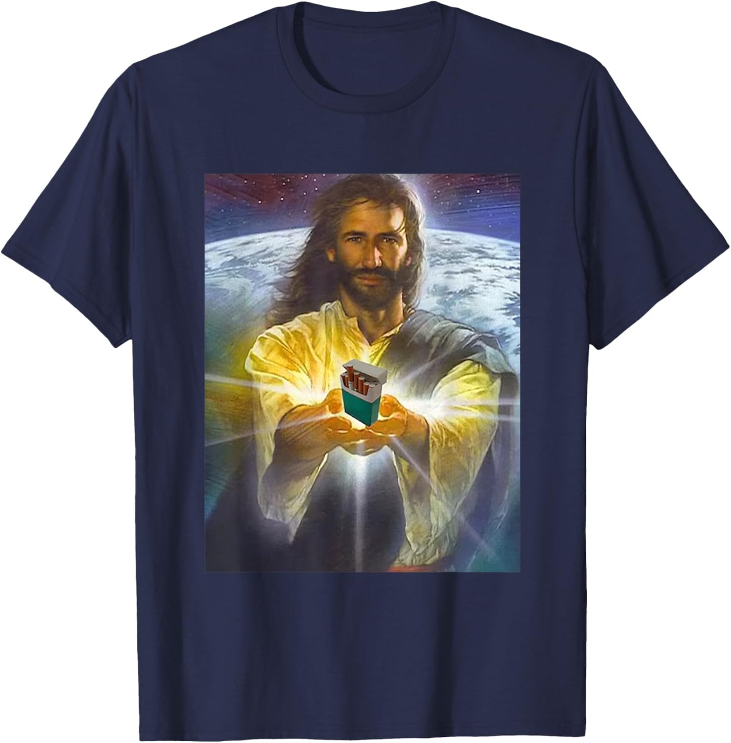 Jesus Holding Cigarettes Funny Jesus -Adults Black Short Sleeve Small T-Shirt - T-Shirt | Navy