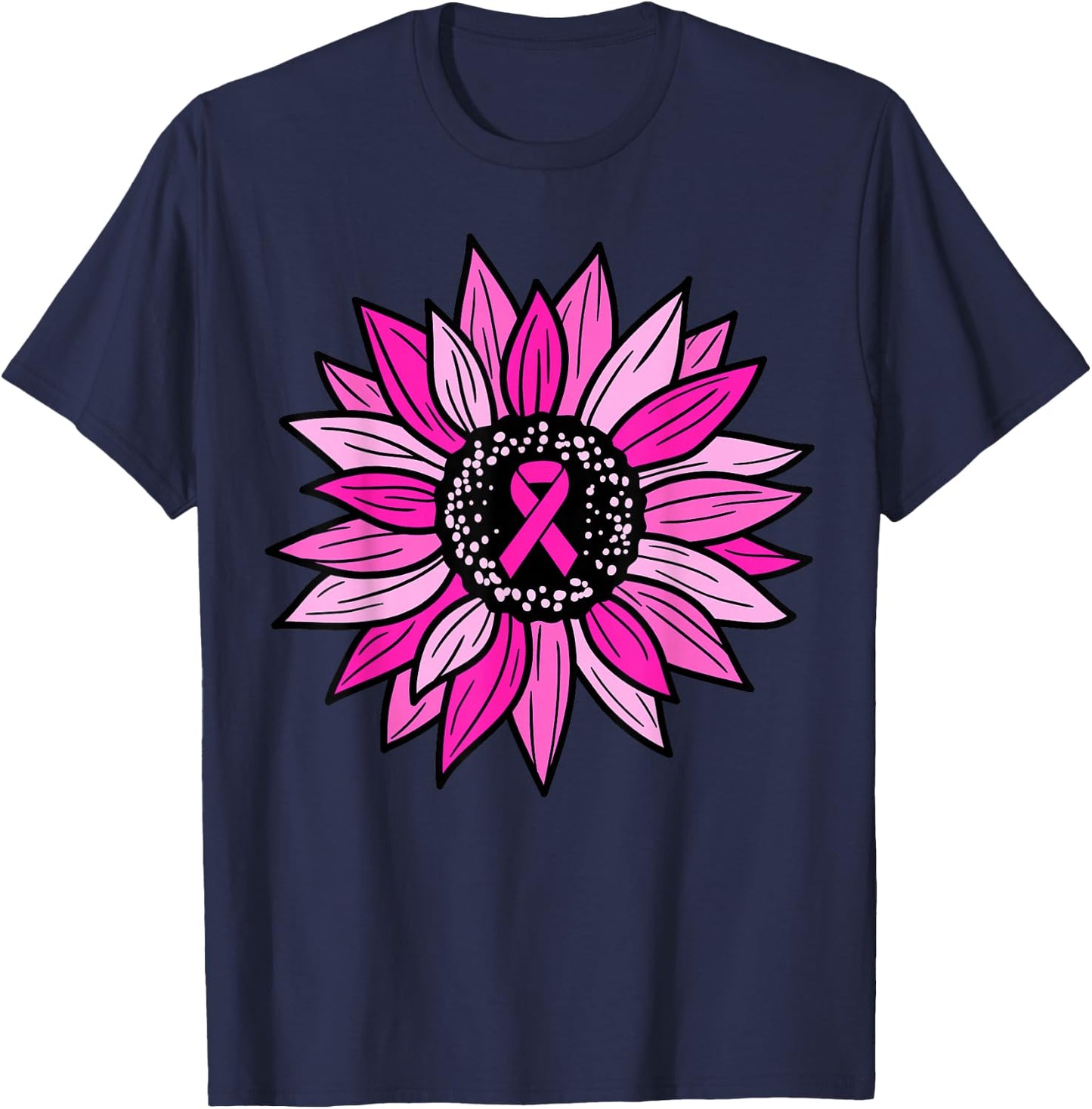 Pink Ribbon Sunflower Breast Cancer Awareness Women Kids T-Shirt - T-Shirt | Navy