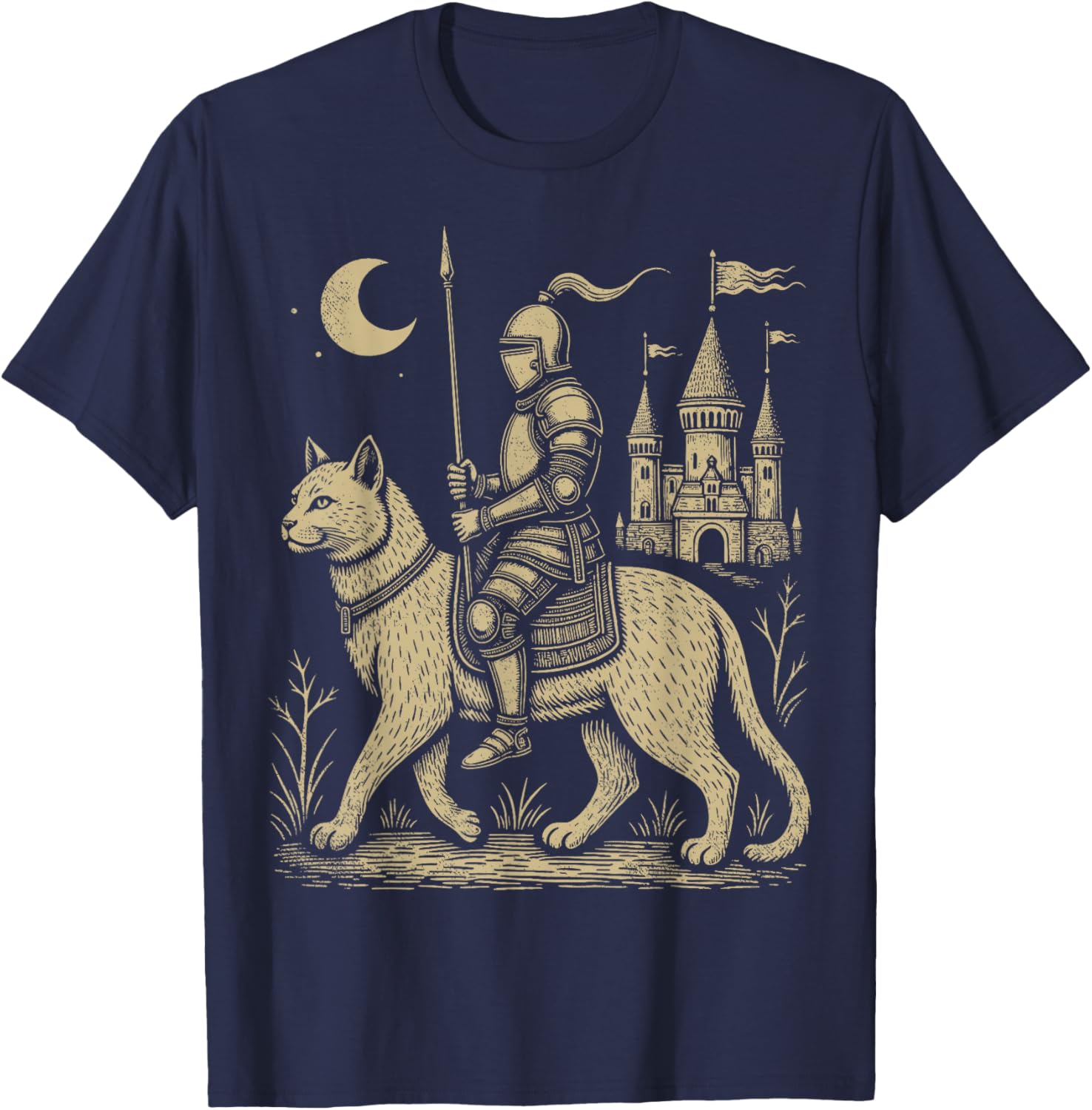 Weird Medieval Cat Middle Ages Armored Knight Riding Cat T-Shirt - T-Shirt | Navy