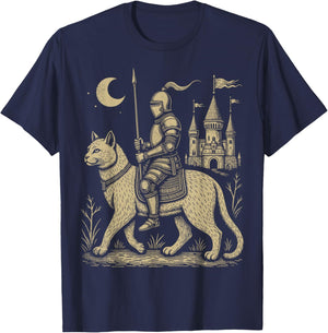 Weird Medieval Cat Middle Ages Armored Knight Riding Cat T-Shirt - T-Shirt | Navy
