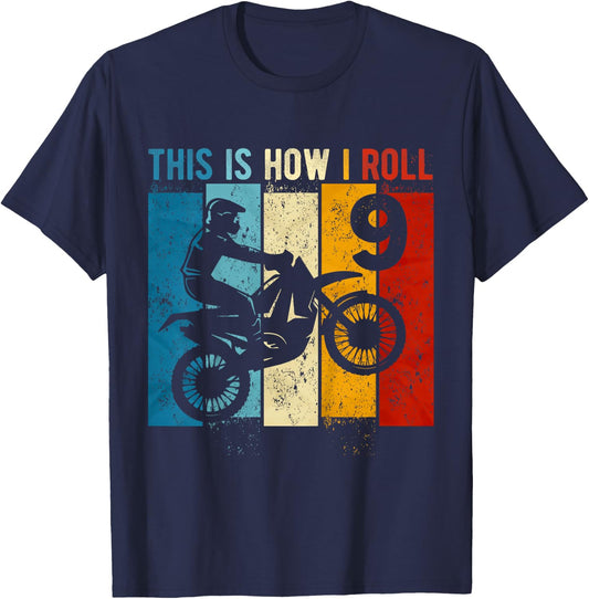 Kids 9 Year Old Birthday Boy Motocross 9th Birthday Dirt Bike T-Shirt - T-Shirt | Navy