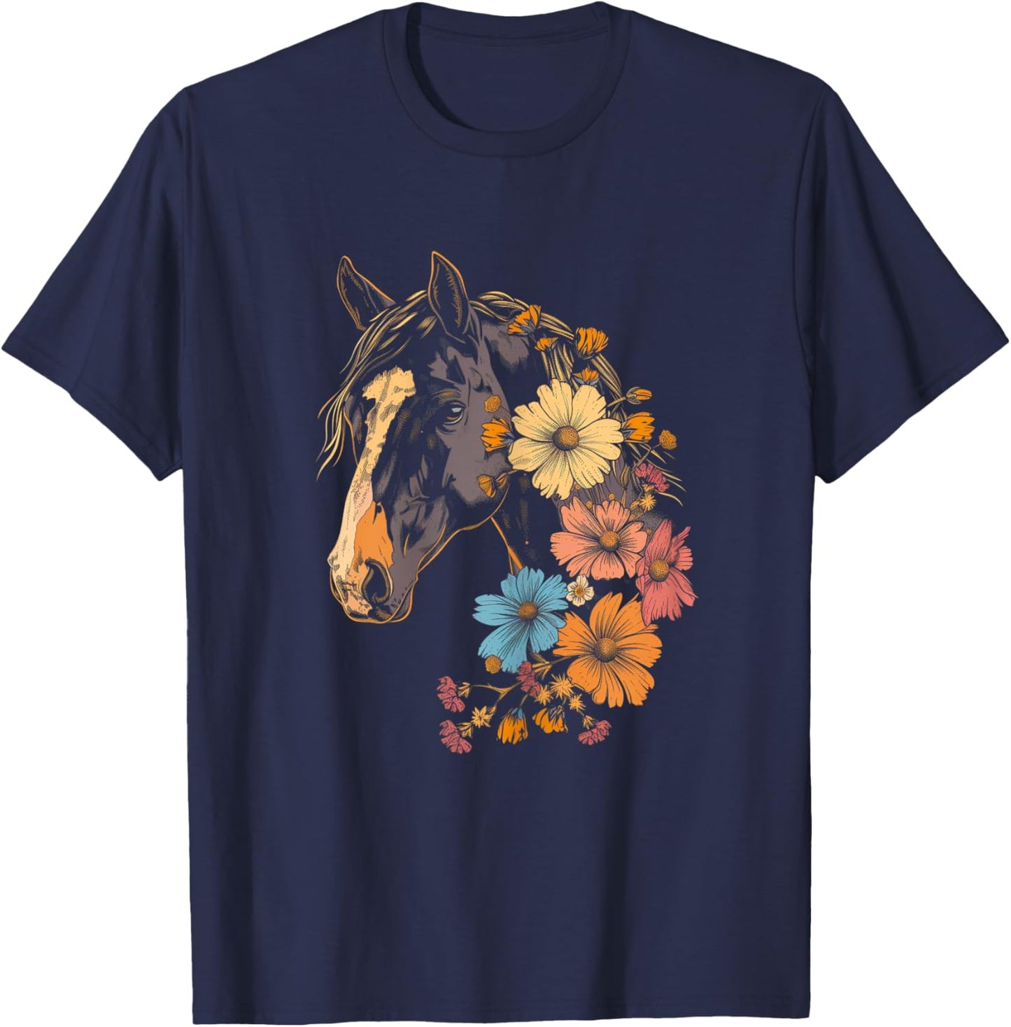 Horse Flowers Horseback Riding Cowgirl Equestrian Horse T-Shirt - T-Shirt | Navy