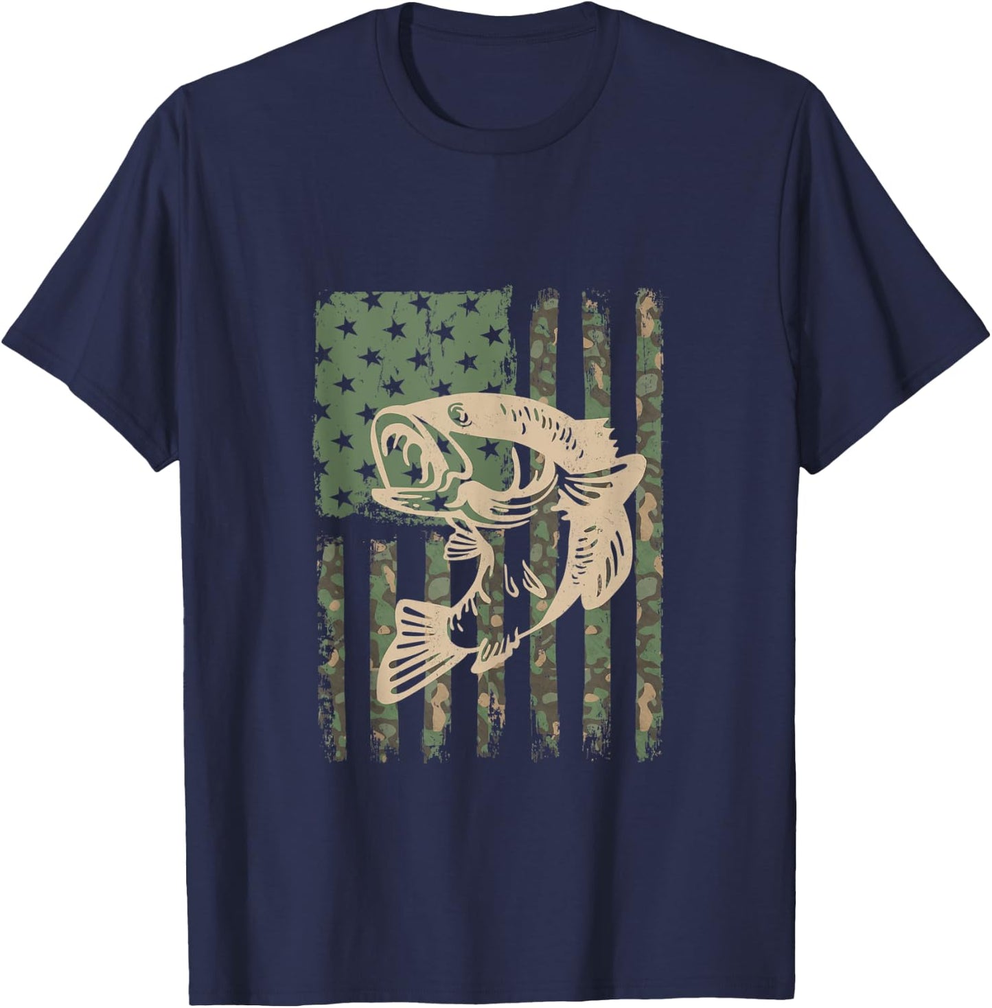 Camouflage USA Flag Big Mouth Bass Fishing T-Shirt - T-Shirt | Navy