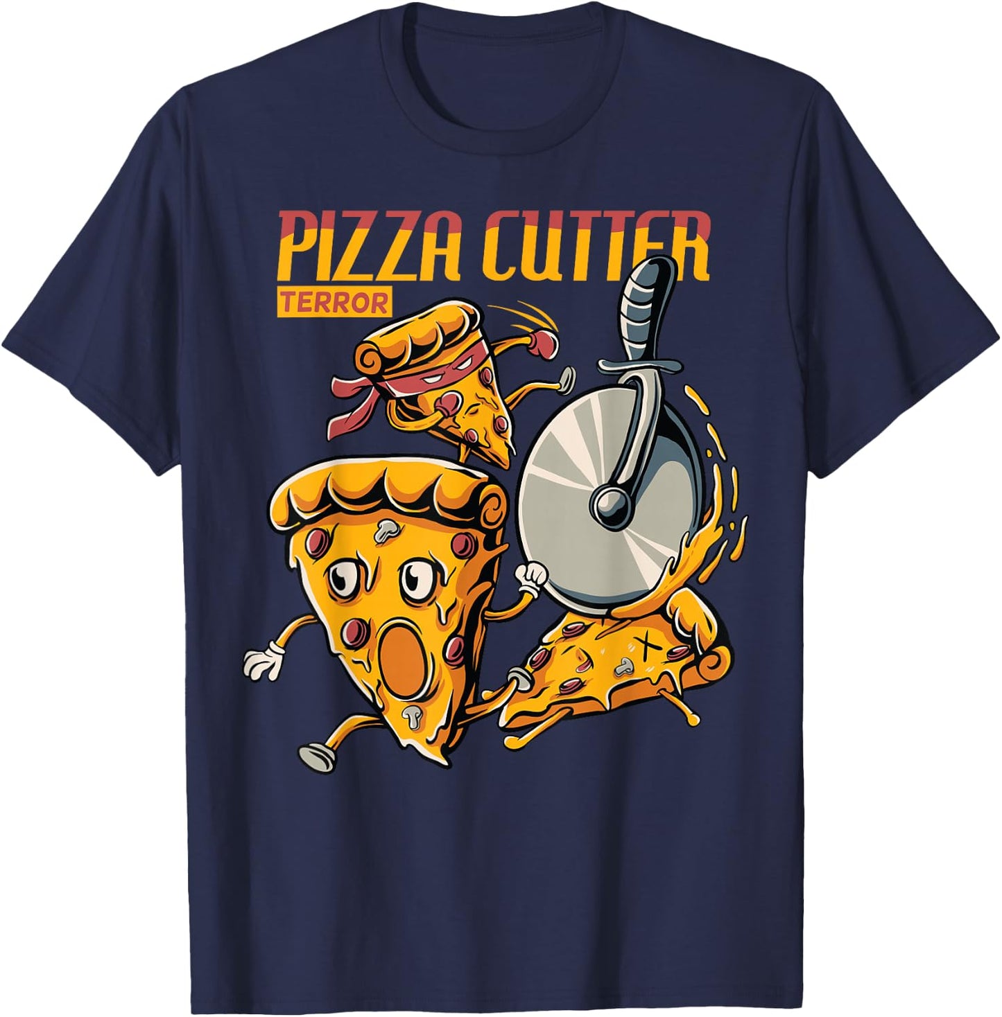 funny pizza slice chased by cutter wheel Gift lover food T-Shirt - T-Shirt | Navy