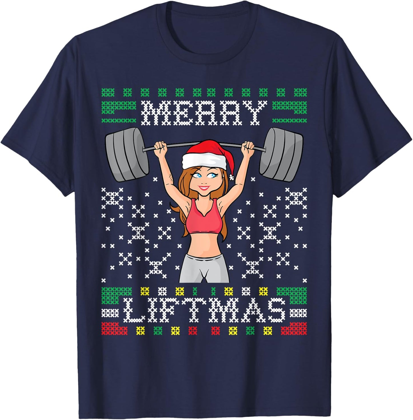 Merry Liftma's Ugly Christmas Sweater Miss Santa Gym Workout T-Shirt - T-Shirt | Navy