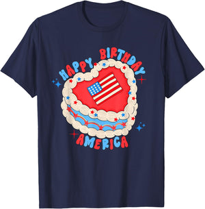 Happy Birthday America Birthday Cake 4th Of July USA Flag T-Shirt - T-Shirt | Navy