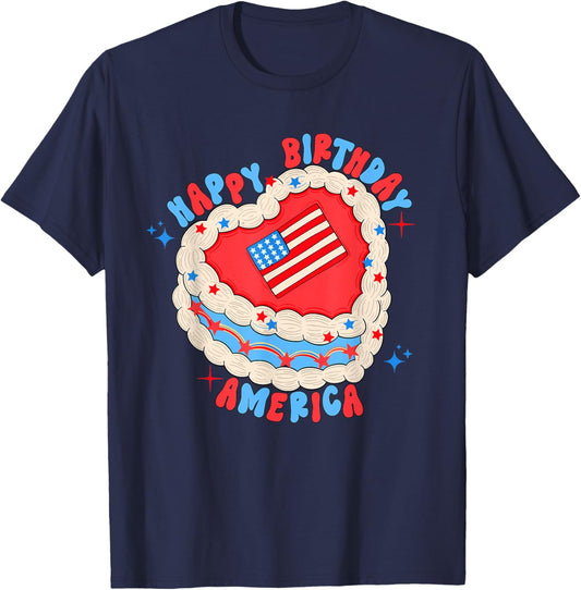 Happy Birthday America Birthday Cake 4th Of July USA Flag T-Shirt - T-Shirt | Navy