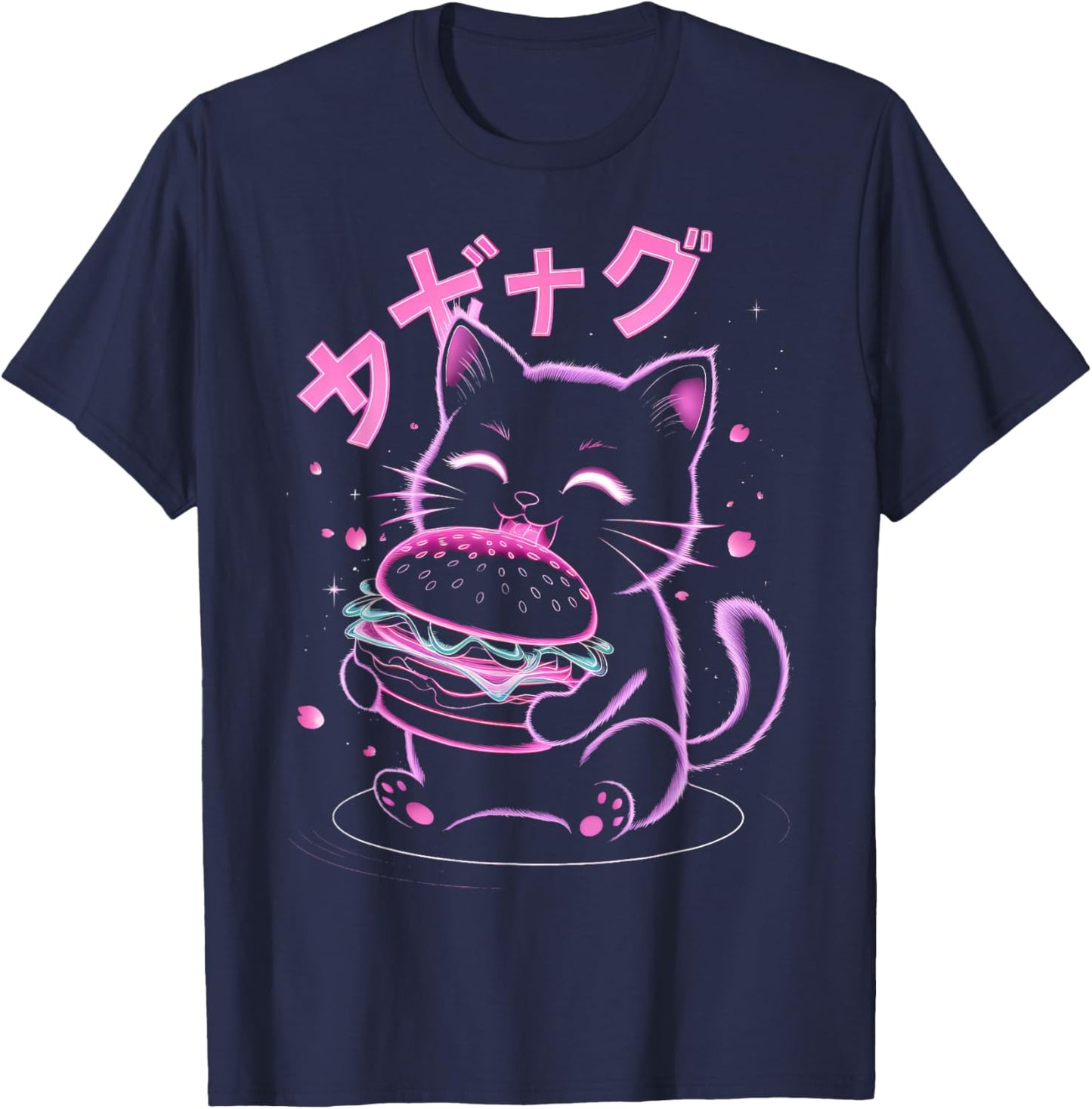 Japanese Cat Eating Burger T-Shirt - T-Shirt | Navy