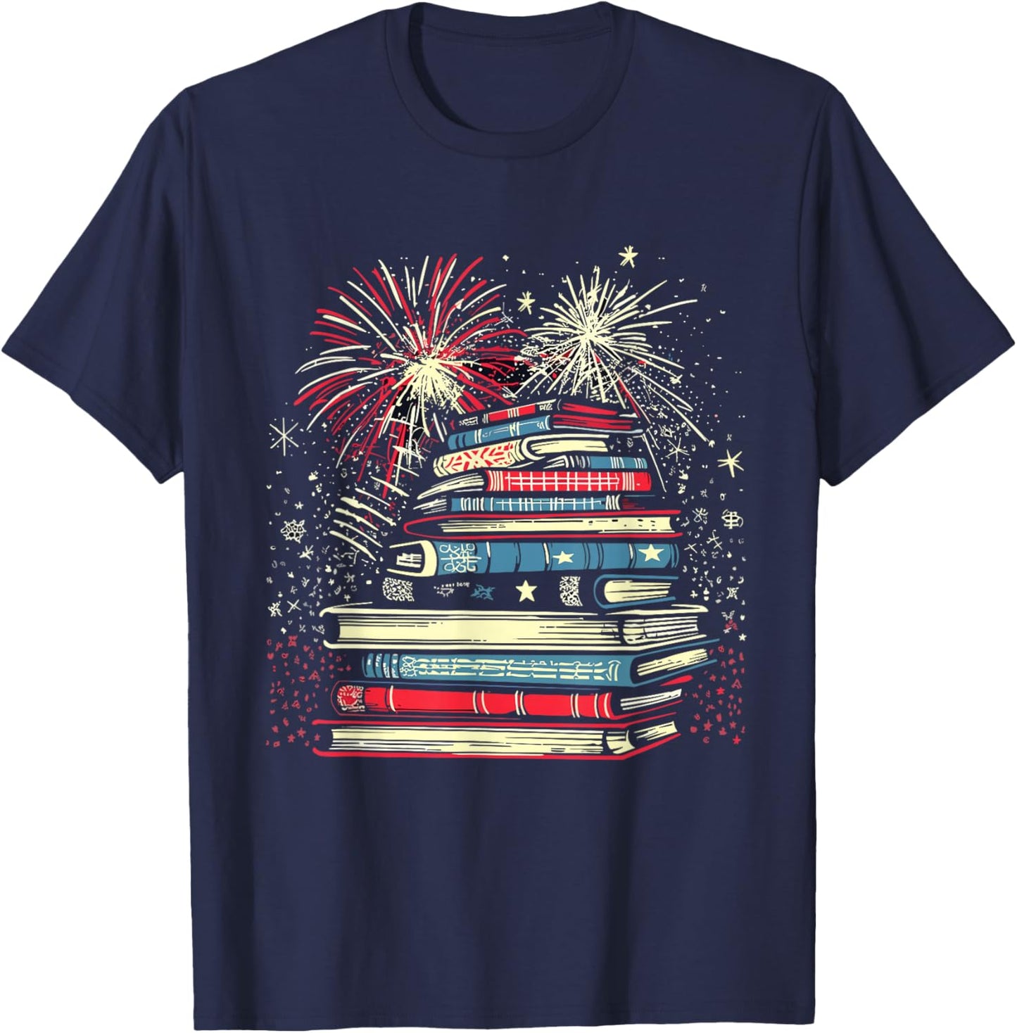 Books Fireworks 4th Of July Bookworm Patriotic Reader T-Shirt - T-Shirt | Navy