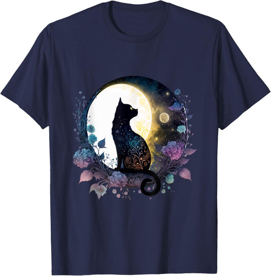 Moonlit Black Cat – Lunar Floral Night Cat T-Shirt - T-Shirt | Navy