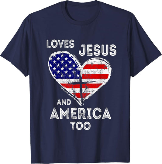 Retro Loves Jesus and America Too God Christian 4th of July T-Shirt - T-Shirt | Navy