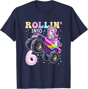 Unicorn Monster Truck 6th Birthday 6 Year Old Girls Party T-Shirt - T-Shirt | Navy
