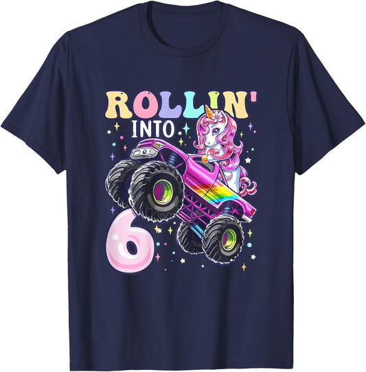 Unicorn Monster Truck 6th Birthday 6 Year Old Girls Party T-Shirt - T-Shirt | Navy
