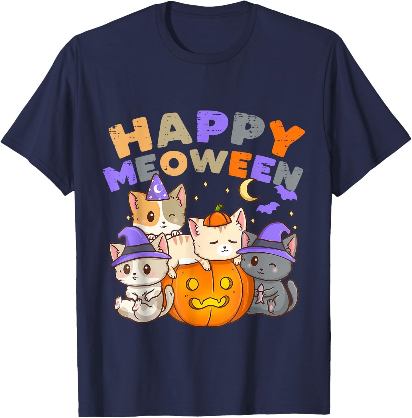 Happy Meoween Witch Cute Cats Halloween Pet Kitten Cat T-Shirt - T-Shirt | Navy