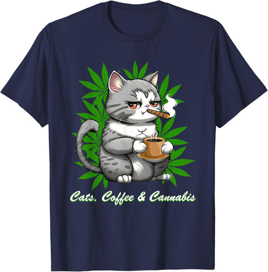 Cats Coffee Cannabis Weed Marijuana Graphic Men Women T-Shirt - T-Shirt | Navy