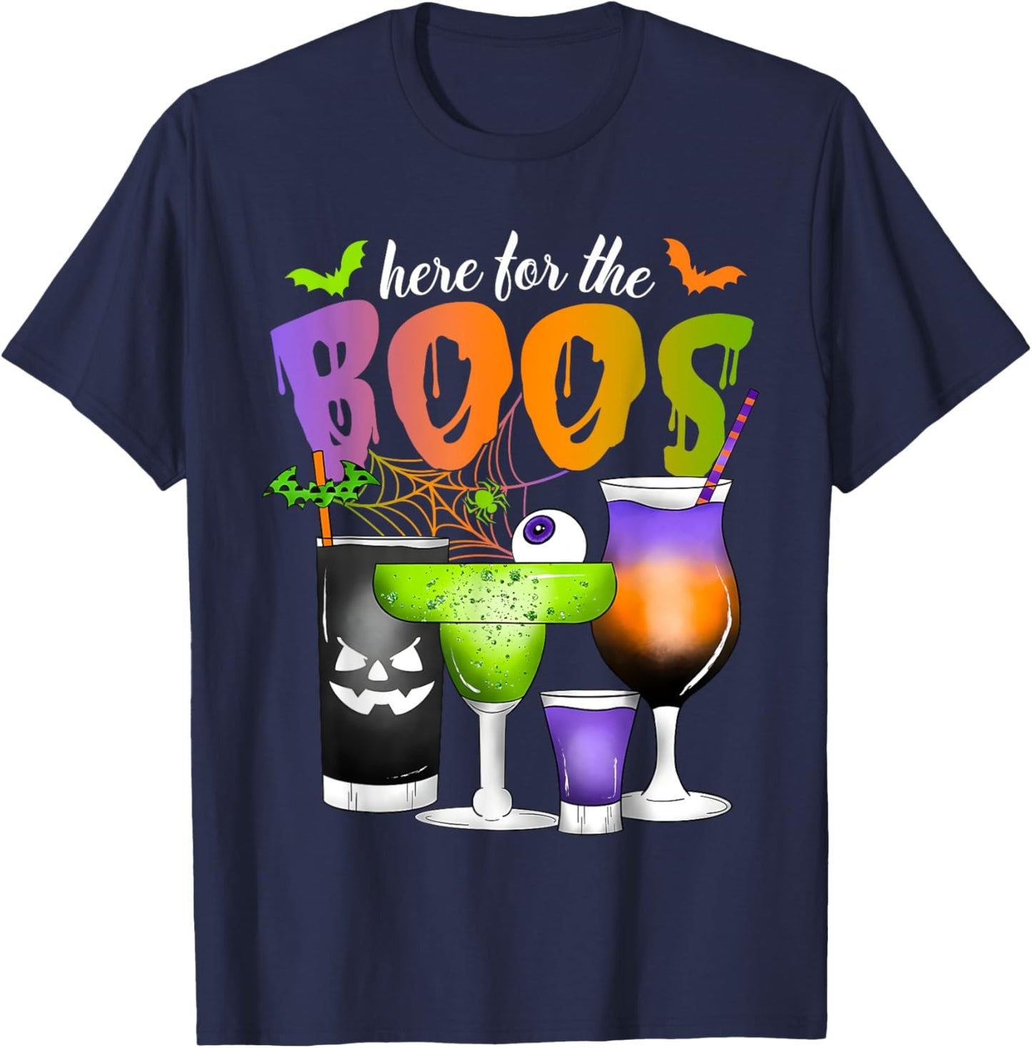 Here For The Boos Halloween Scary Glasses Drinking Spooky T-Shirt - T-Shirt | Navy