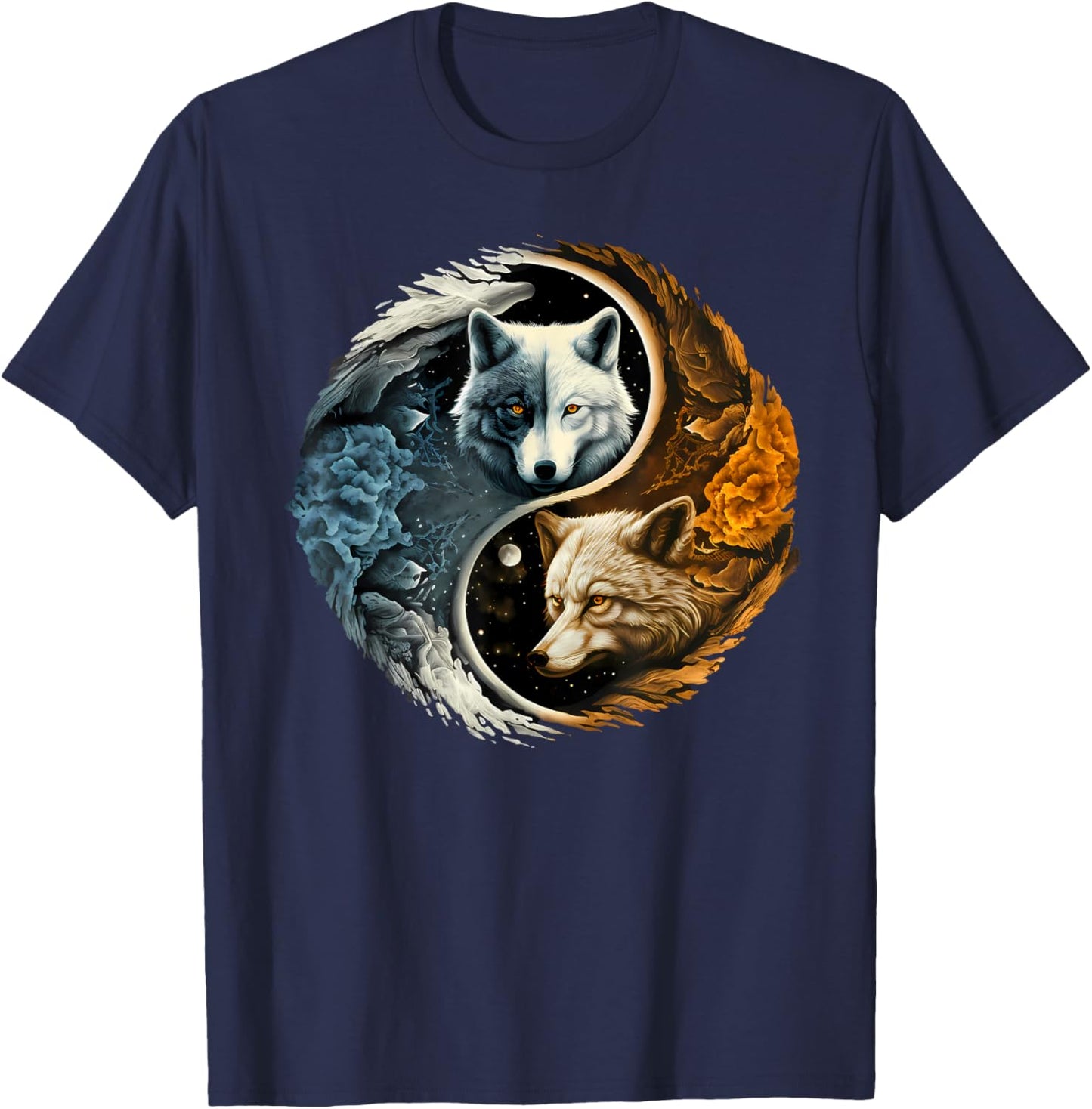Harmonious Wolf Yin Yang Adult T-Shirt - T-Shirt | Navy