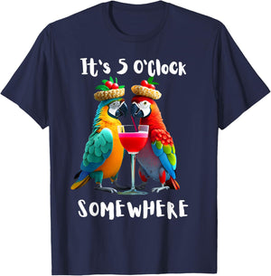 It's 5 O'Clock Somewhere Parrots drinking Cocktails funny T-Shirt - T-Shirt | Navy