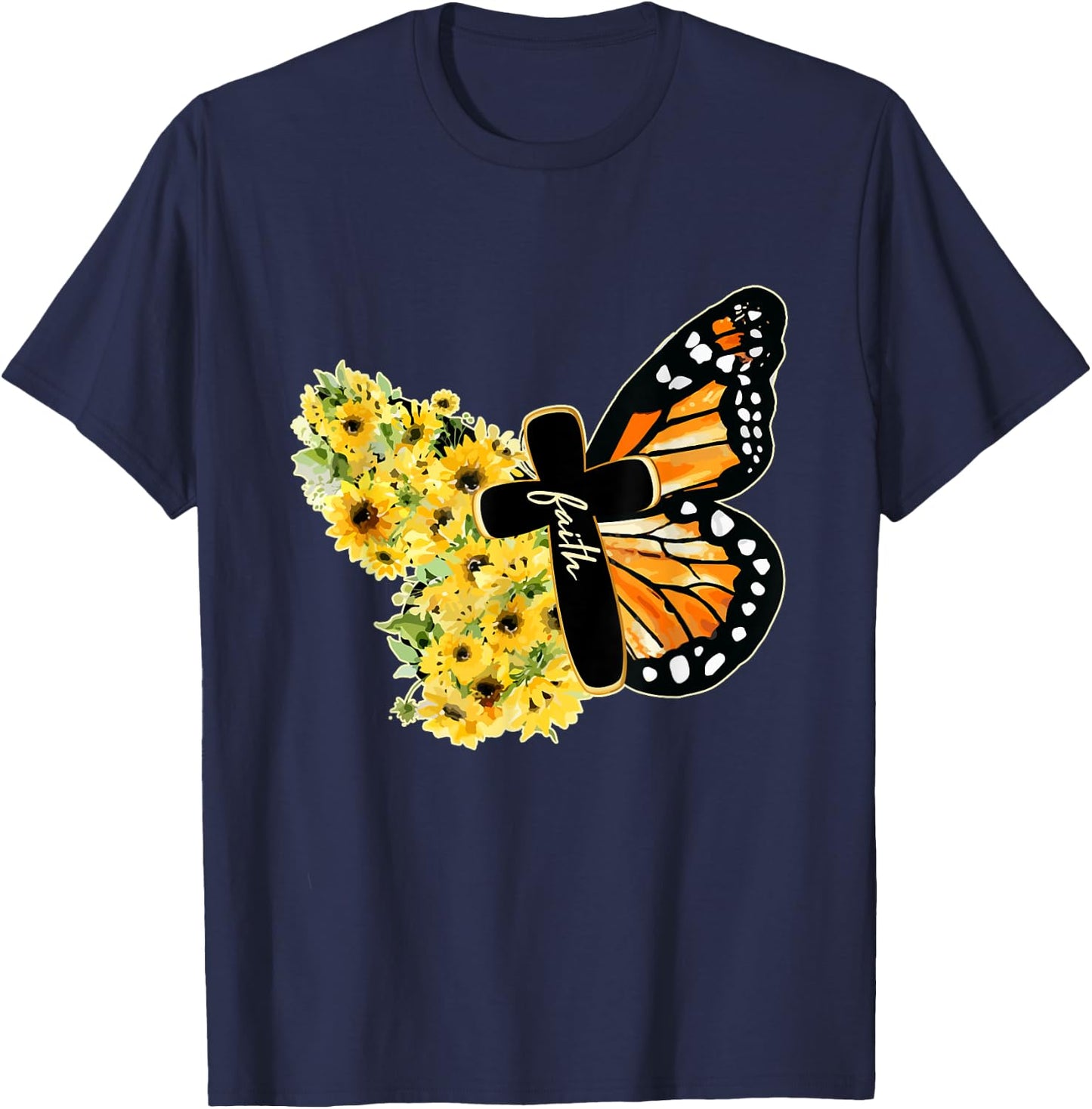 Faith Cross Sunflower Butterfly Christian Vintage T-Shirt - T-Shirt | Navy