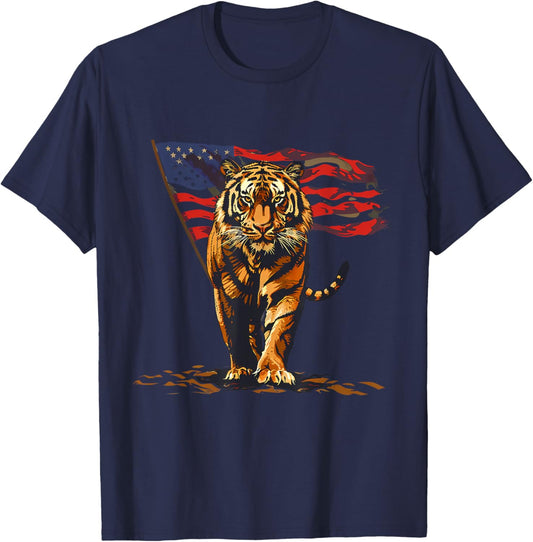 4th Of July Tiger Patriotic American Flag Fourth Of July USA Women Kids Men T-Shirt - T-Shirt | Navy