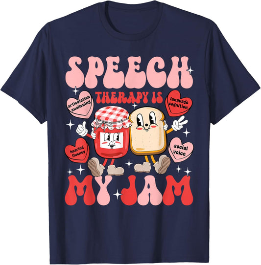 Speech Therapy Pathology is My Jam Candy Heart SLP Valentine T-Shirt - T-Shirt | Navy