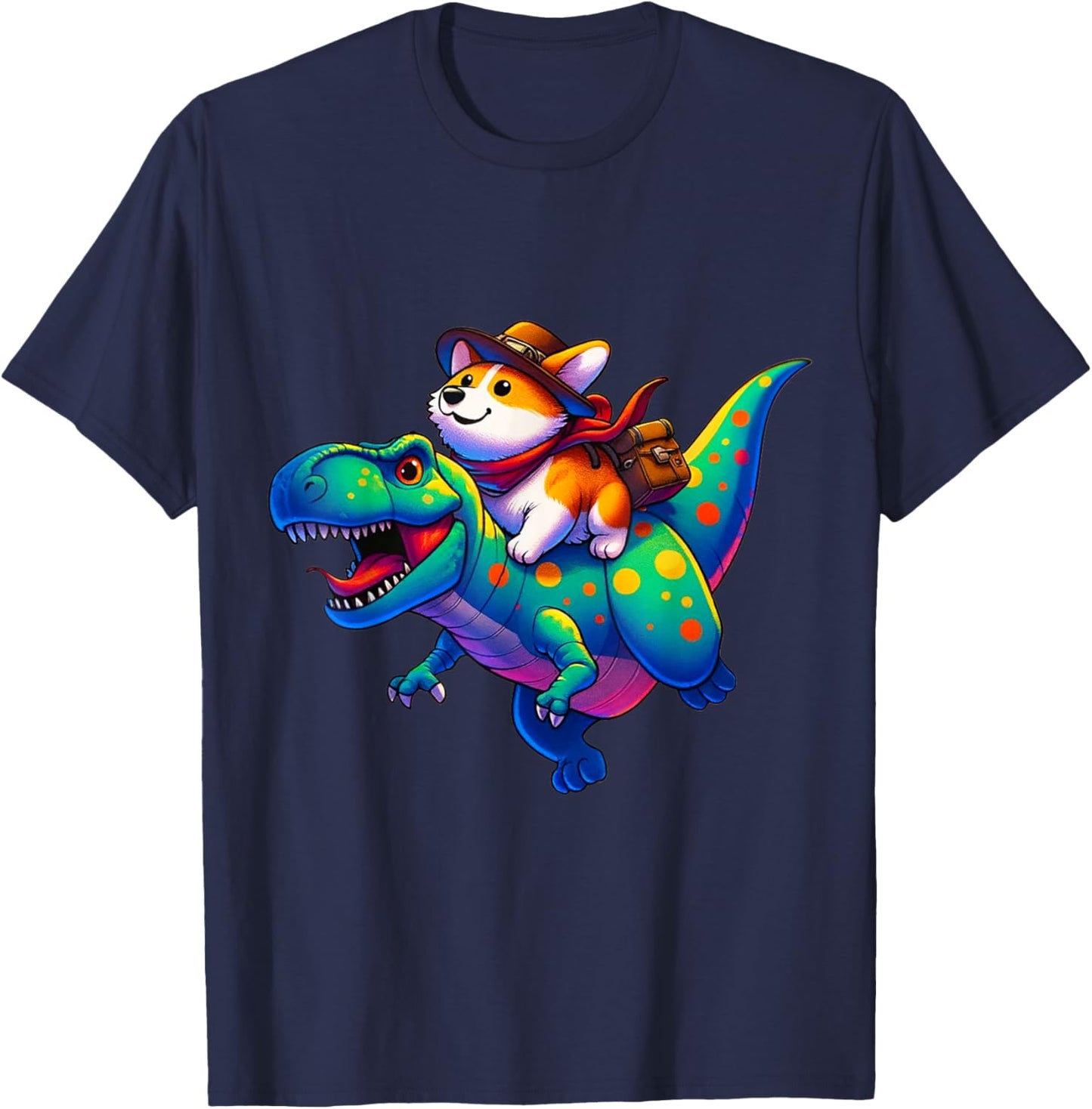 Corgi Riding Dinosaur T rex Boys Girls T-Shirt - T-Shirt | Navy