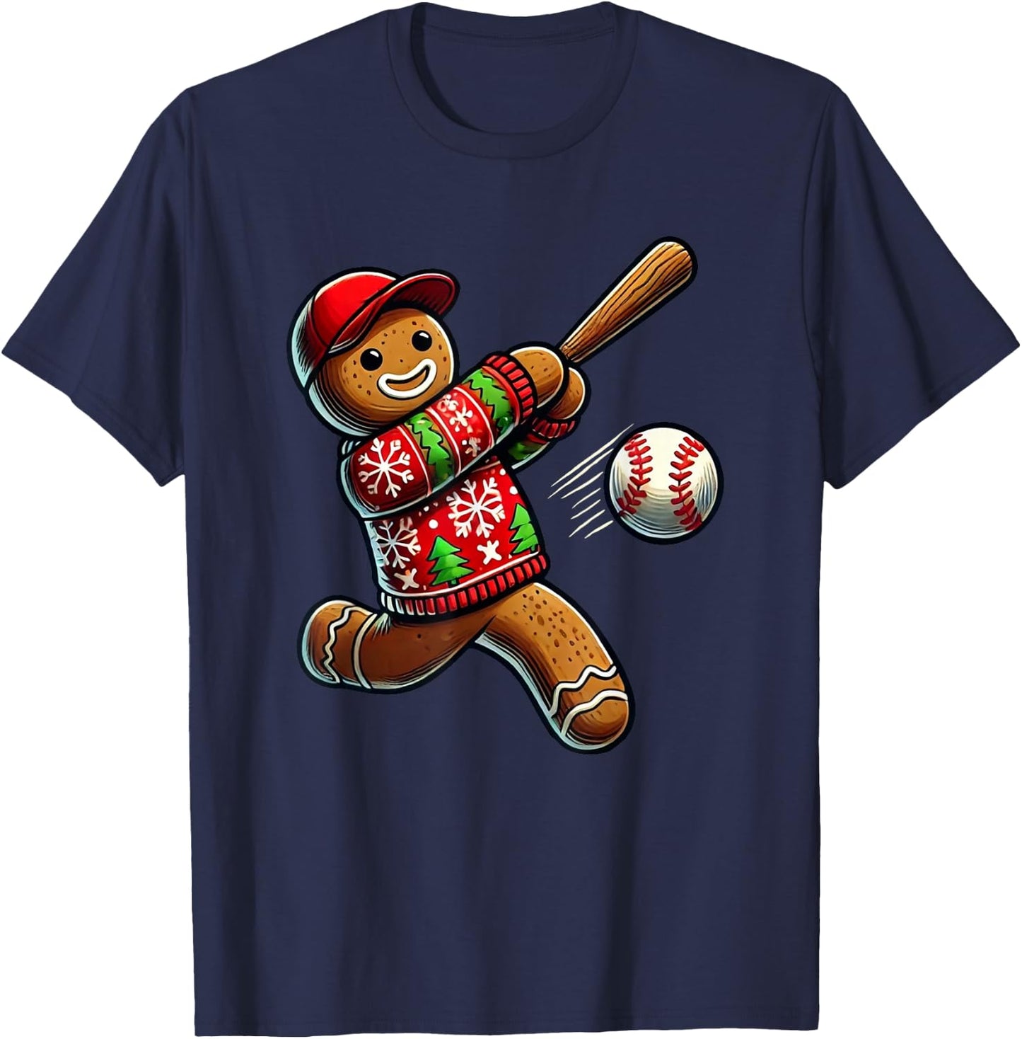 Baseball Christmas Gingerbread Man Baseball Ugly Christmas T-Shirt - T-Shirt | Navy