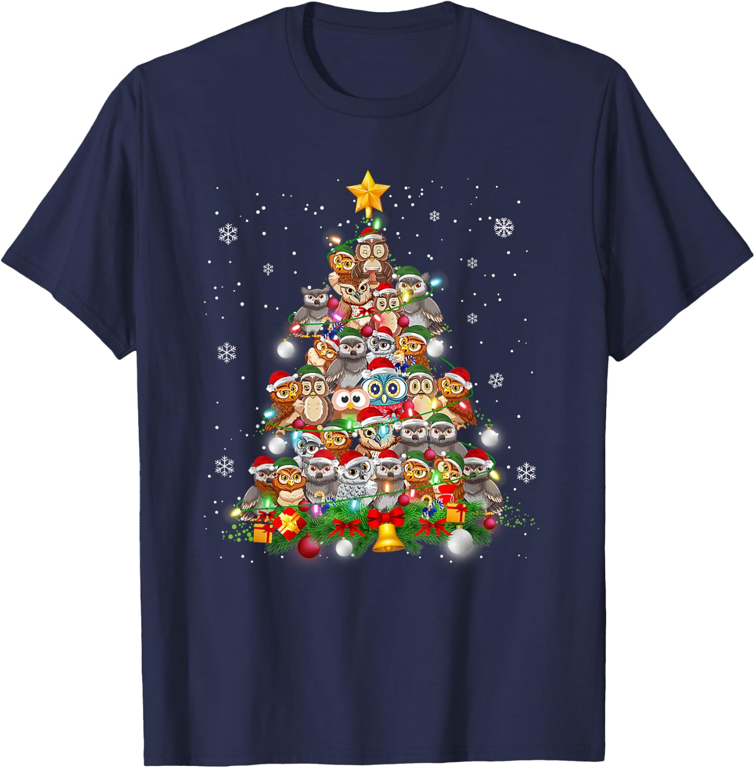 Funny Cute Cute Owls Christmas Tree Xmas Pajamas Gift T-Shirt - T-Shirt | Navy