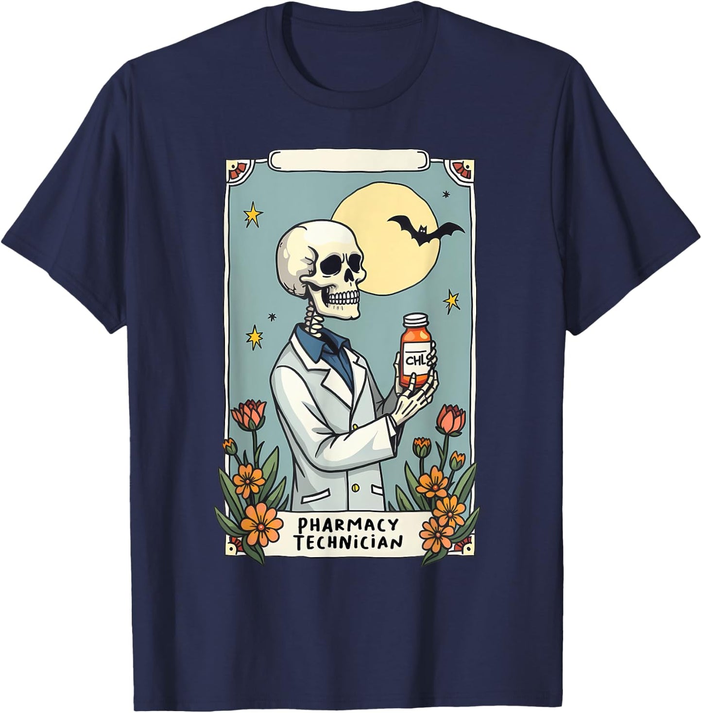 Floral Skeleton Skeleton Tarot Card Pharmacy Technician T-Shirt - T-Shirt | Navy