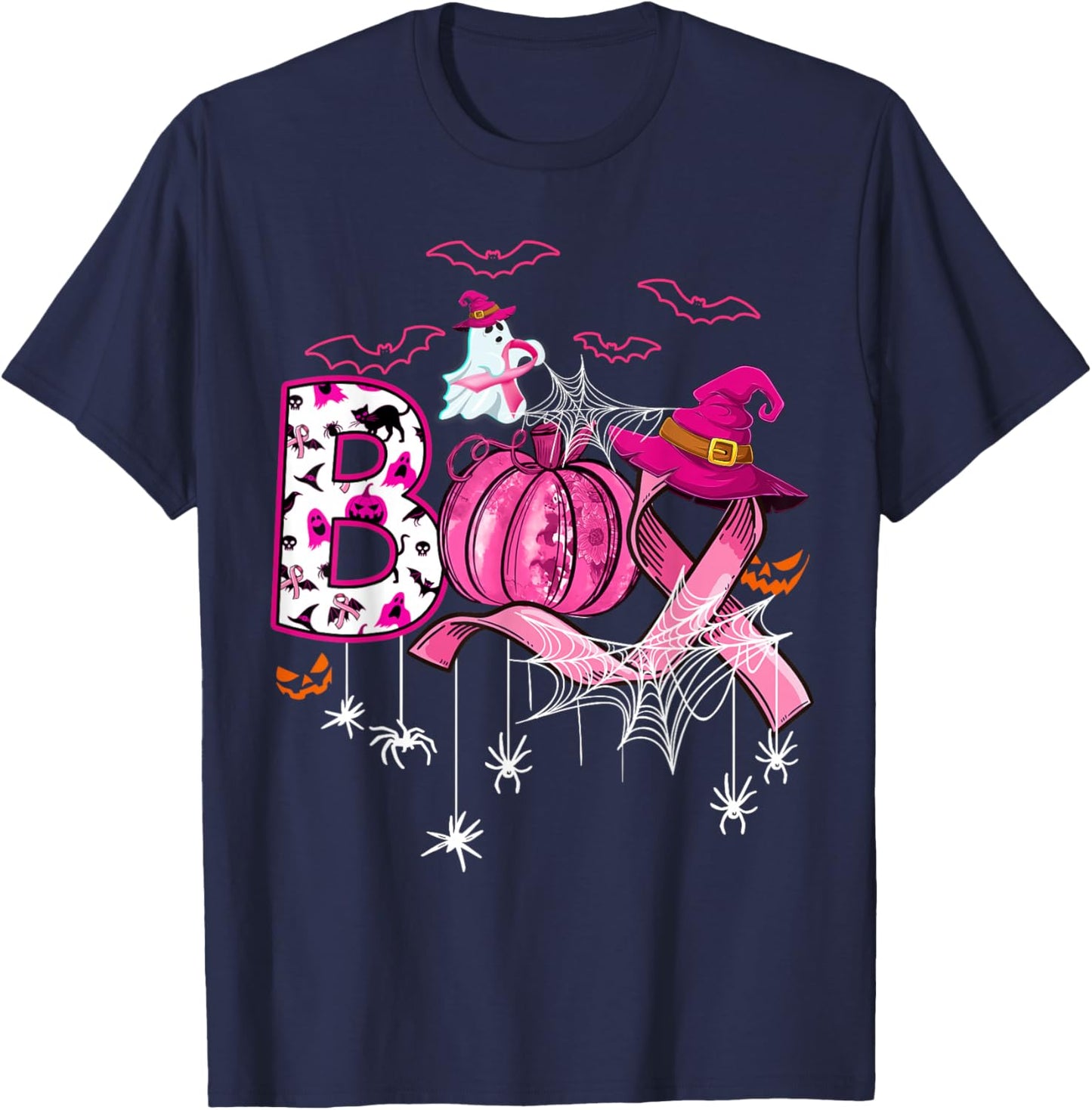 Boo Halloween Pumpkin Pink Ribbon Witch Breast Cancer T-Shirt - T-Shirt | Navy