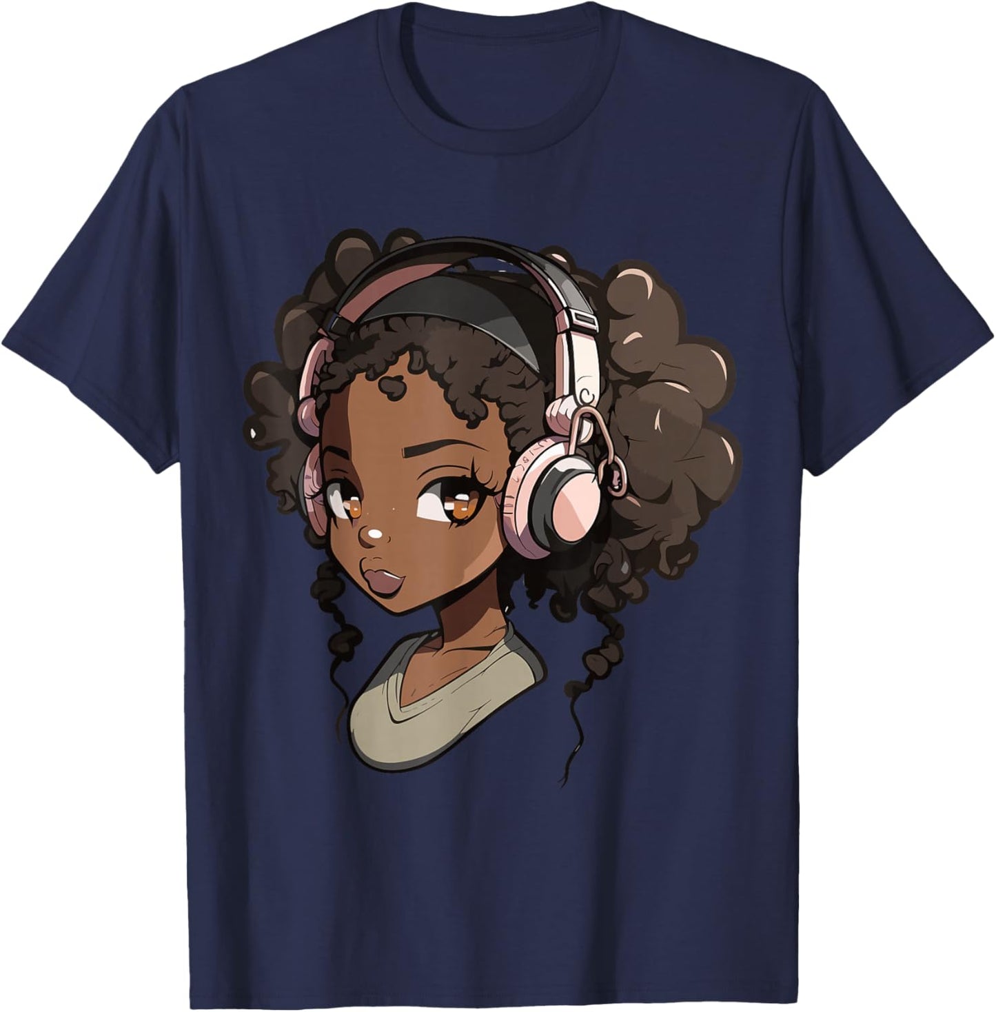 Anime and Music Black Girl Anime Merch Afro African American T-Shirt - T-Shirt | Navy