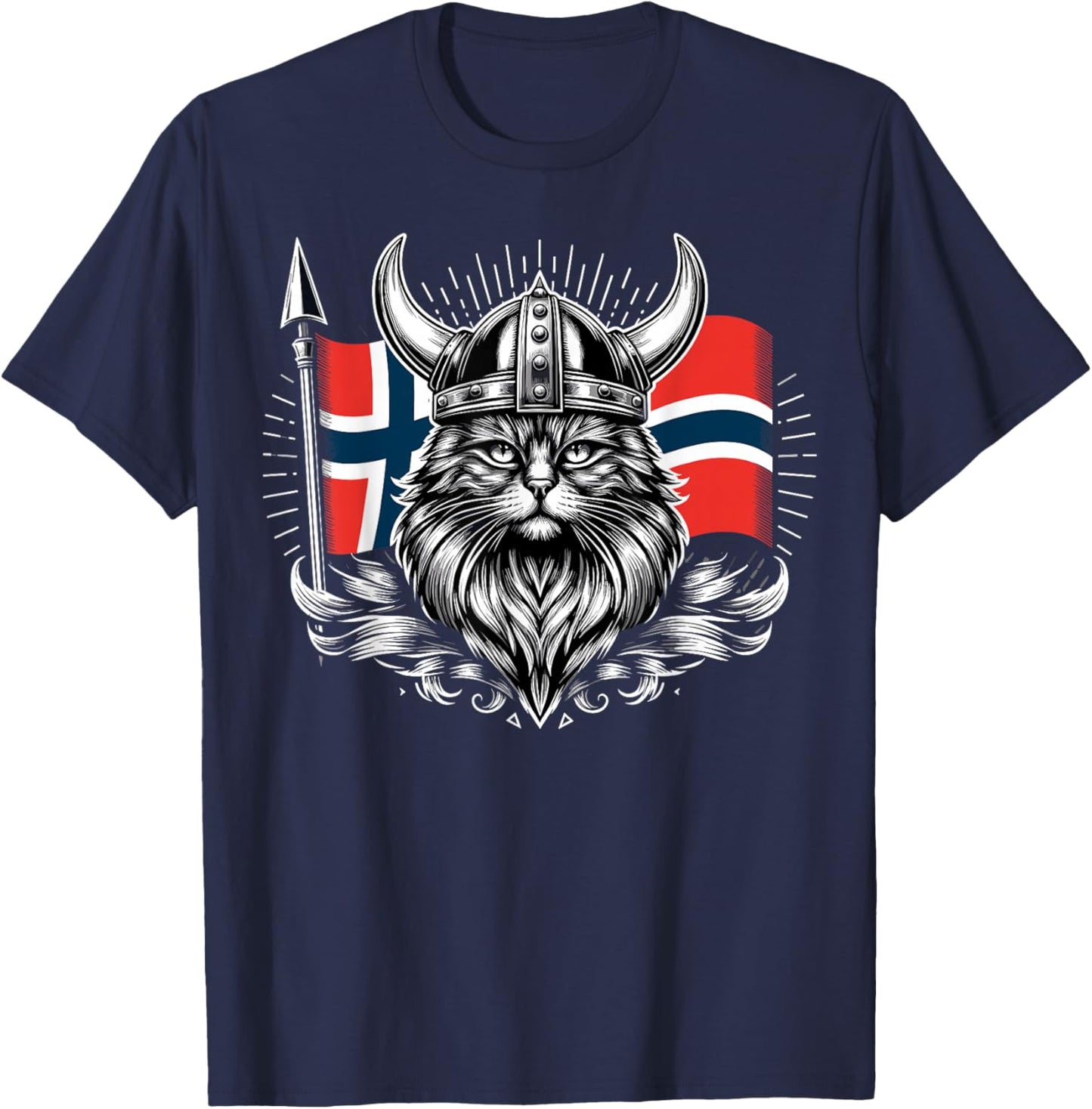 Viking Cat Norwegian Flag Norway Cat , Black, S T-Shirt - T-Shirt | Navy