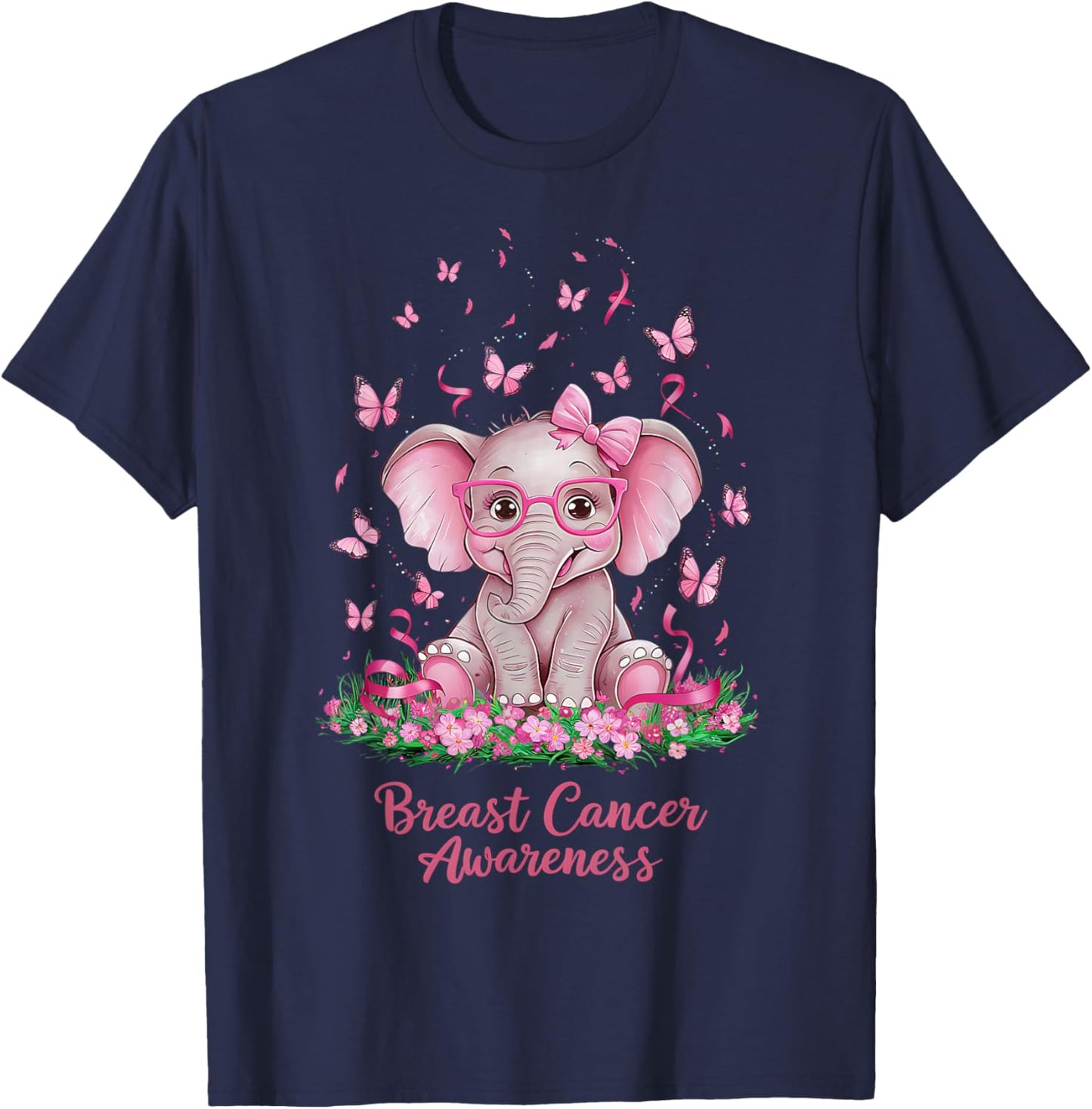 Pink Ribbon Breast Cancer Awareness Cure Elephant T-Shirt - T-Shirt | Navy