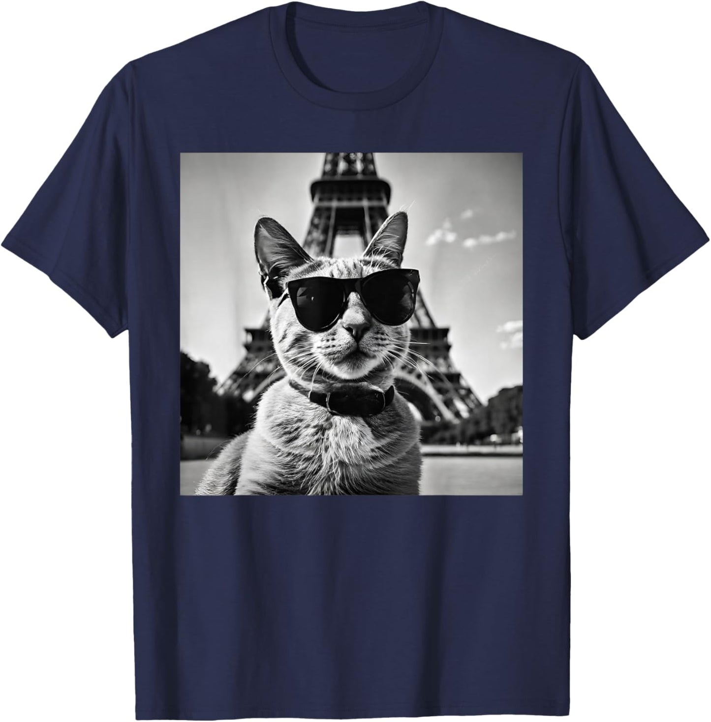 Funny French Cat Wearing Sunglasses and Paris Eiffel Tower T-Shirt - T-Shirt | Navy
