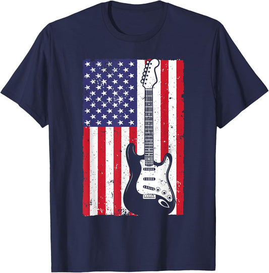 Cool American Flag Guitar Women Guitarist Music Rock T-Shirt - T-Shirt | Navy