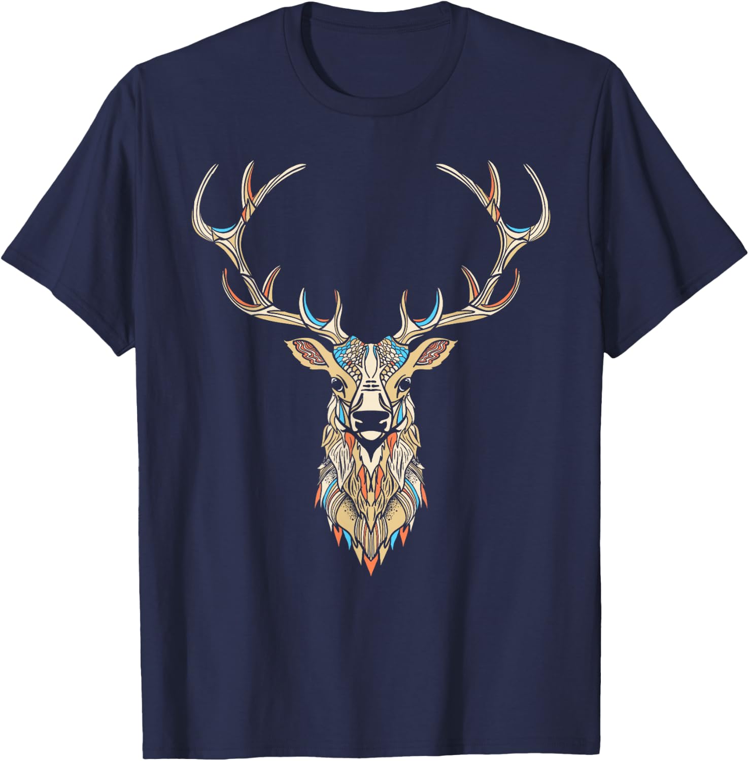 Elk Head/Face Artistic Illustration Graphic T-Shirt - T-Shirt | Navy