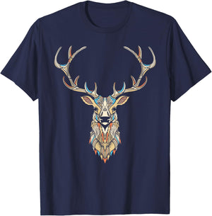 Elk Head/Face Artistic Illustration Graphic T-Shirt - T-Shirt | Navy
