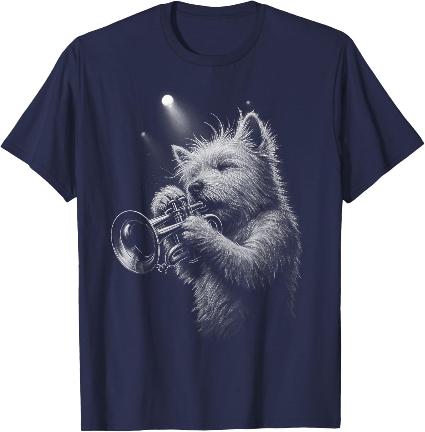 West Highland White Terrier Playing Trumpet Jazz Music Dog T-Shirt - T-Shirt | Navy