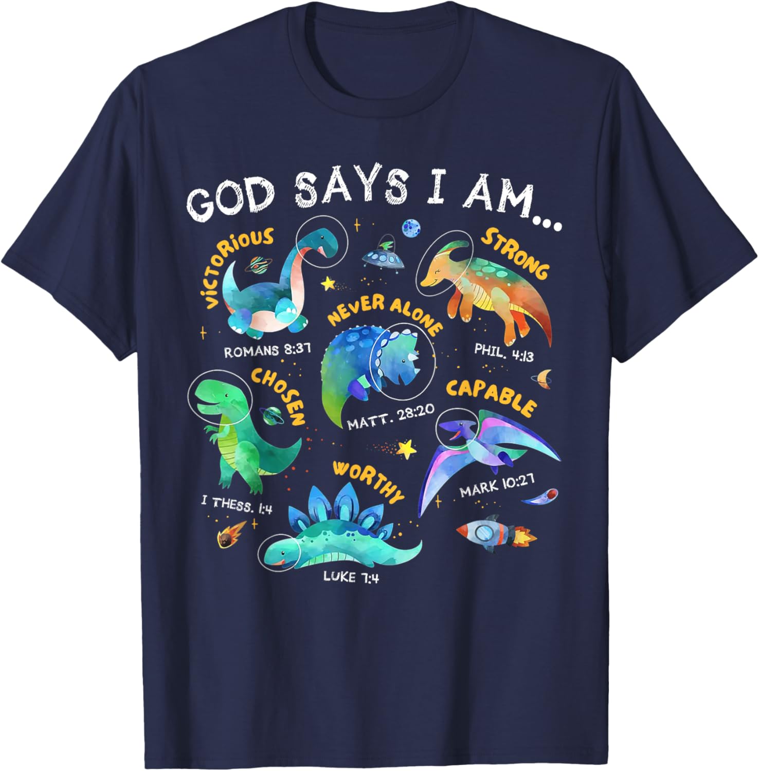 God Says I Am Outer Space Dinosaur Bible Christian Kids Boys T-Shirt - T-Shirt | Navy