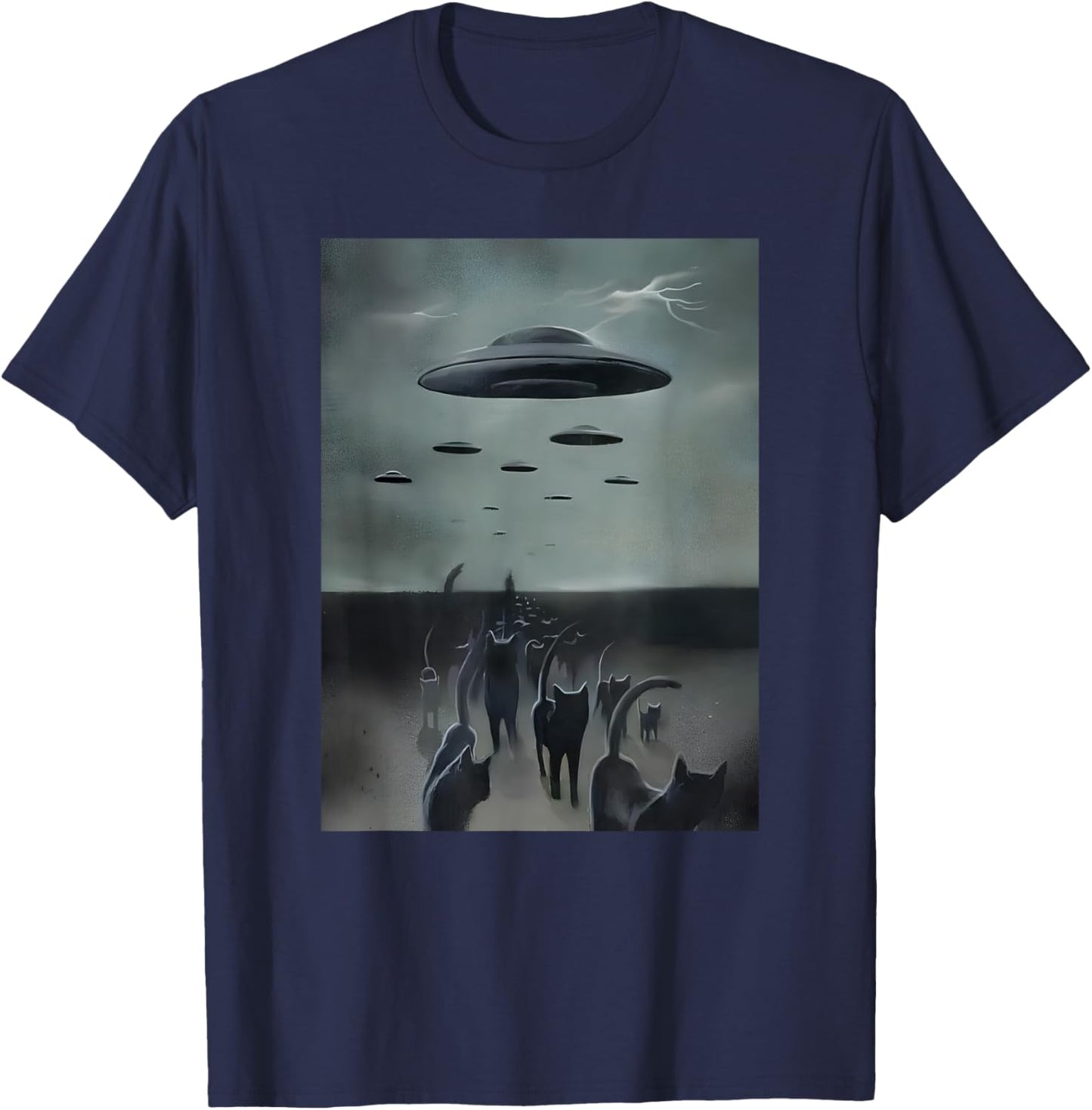 Cats Invasion With Alien UFO Funny Cats Women Kid , Small, Black T-Shirt - T-Shirt | Navy