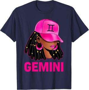 Gemini Queen Loc'd Hair Black Woman Cap Zodiac Sign T-Shirt - T-Shirt | Navy
