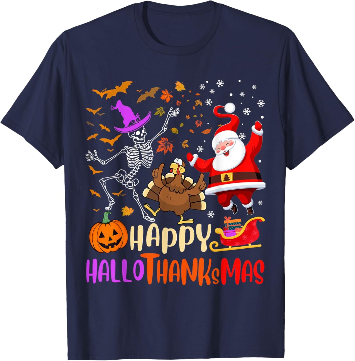 Happy Hallothanksmas Skeleton Pumpkin Turkey Santa Dancing T-Shirt - T-Shirt | Navy
